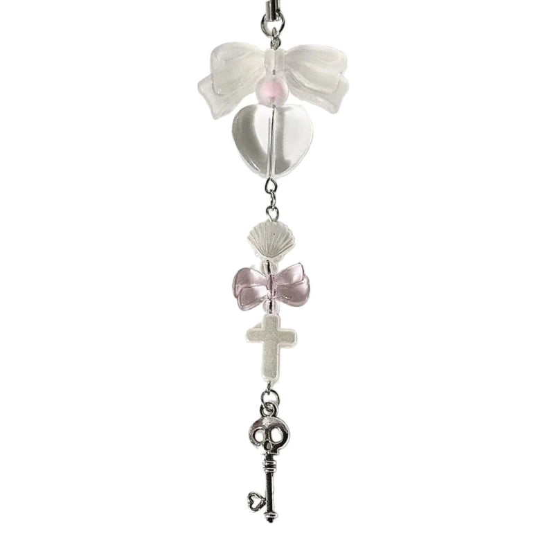 Fashion Bowknot Heart Bead Keychain Pendant Sweet Ornament Phone Straps Keyring Backpack Decoration Charm Jewelry