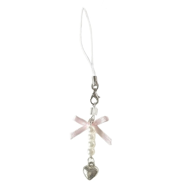 Fashion Bowknot Heart Bead Keychain Pendant Sweet Ornament Phone Straps Keyring Backpack Decoration Charm Jewelry
