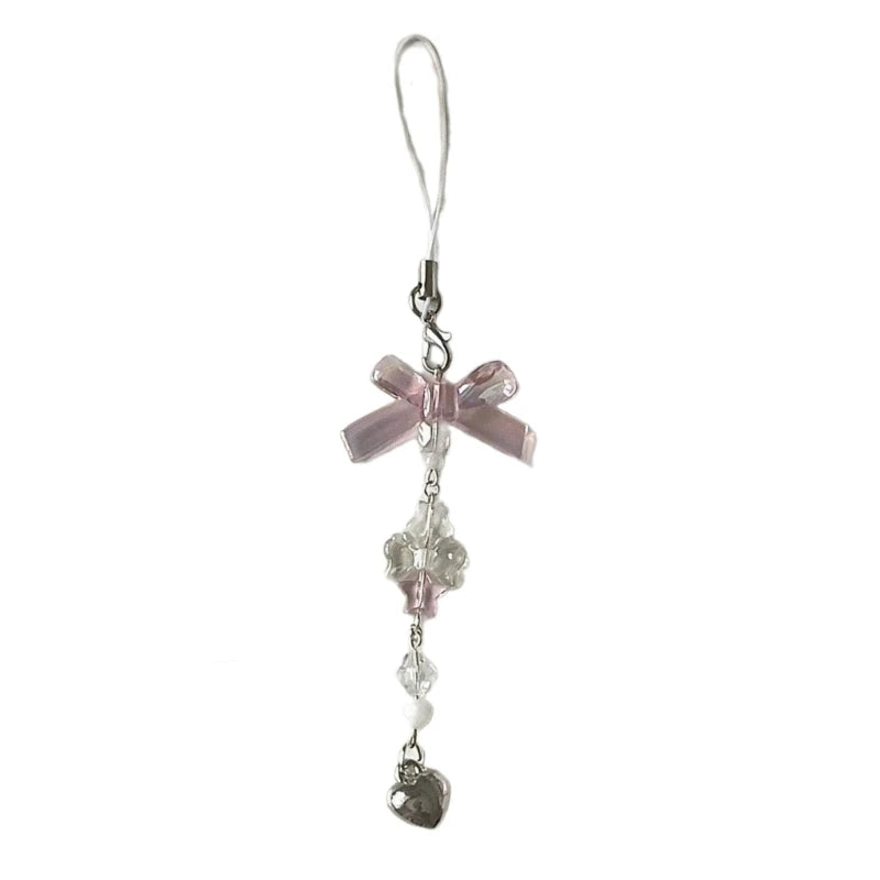 Fashion Bowknot Heart Bead Keychain Pendant Sweet Ornament Phone Straps Keyring Backpack Decoration Charm Jewelry