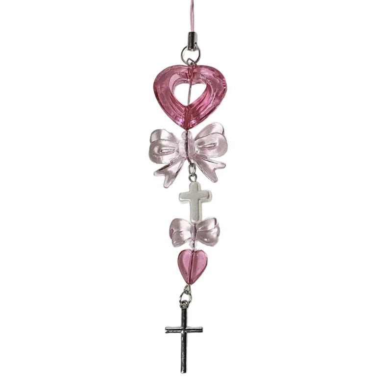 Fashion Bowknot Heart Bead Keychain Pendant Sweet Ornament Phone Straps Keyring Backpack Decoration Charm Jewelry