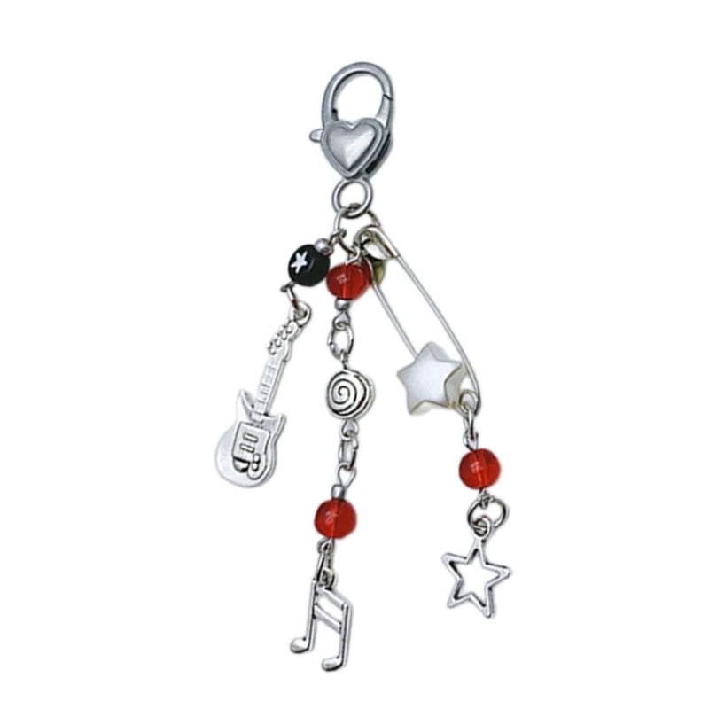 Rock Guitar Beaded Mobile Chain Key Holder Bead Phone Charm Bead Keychain Acrylic Alloy Material for Phone Keys