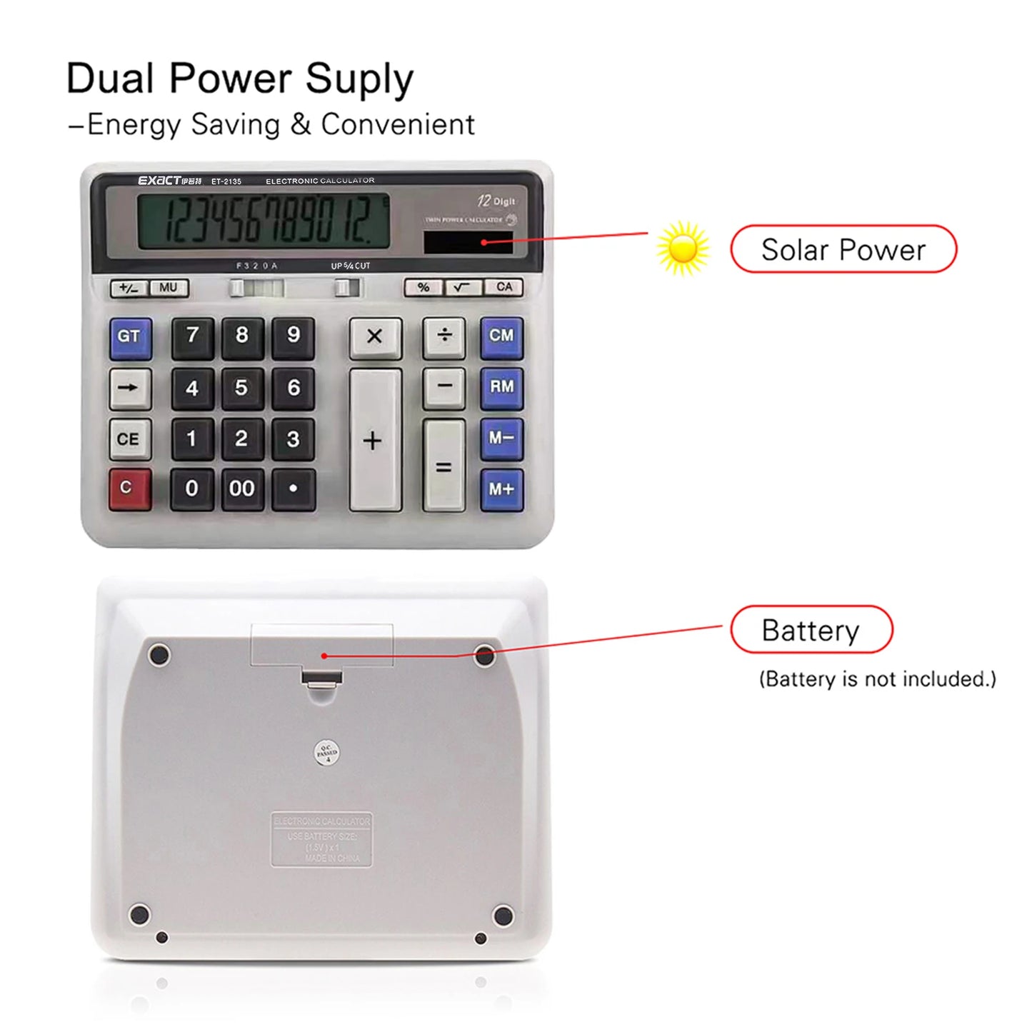 Large Computer Electronic Calculator Counter Solar & Battery Power 12 Digit Display Multi-functional Big Button  for Business