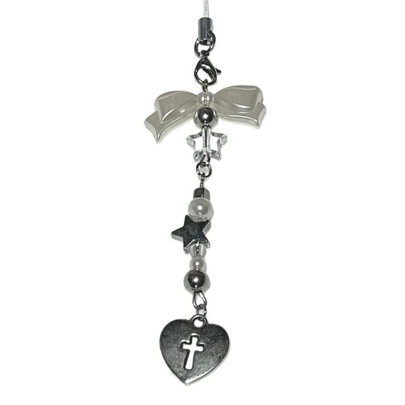 Fashion Bowknot Heart Bead Keychain Pendant Sweet Ornament Phone Straps Keyring Backpack Decoration Charm Jewelry