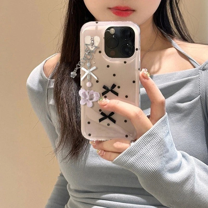 Fashion Bowknot Heart Bead Keychain Pendant Sweet Ornament Phone Straps Keyring Backpack Decoration Charm Jewelry