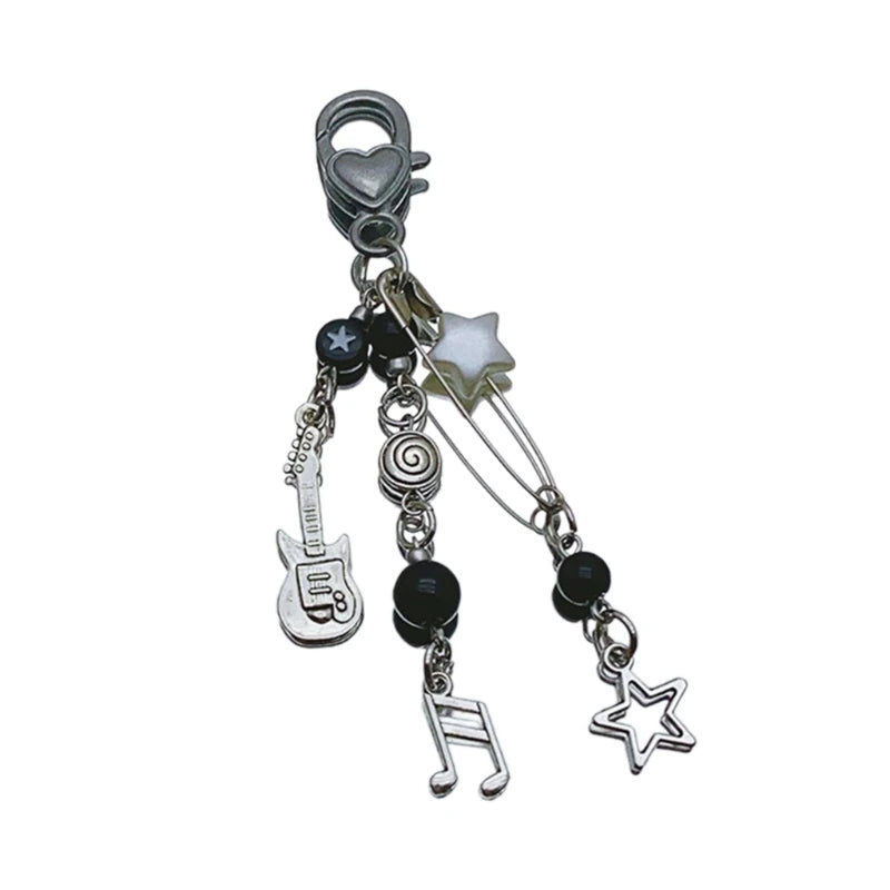Rock Guitar Beaded Mobile Chain Key Holder Bead Phone Charm Bead Keychain Acrylic Alloy Material for Phone Keys
