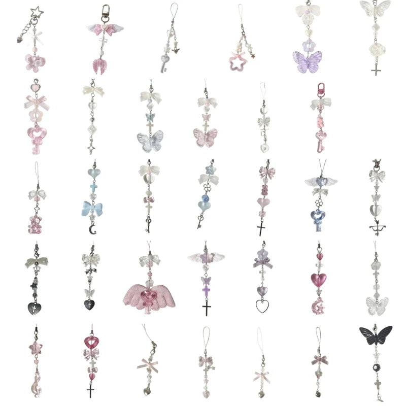 Fashion Bowknot Heart Bead Keychain Pendant Sweet Ornament Phone Straps Keyring Backpack Decoration Charm Jewelry