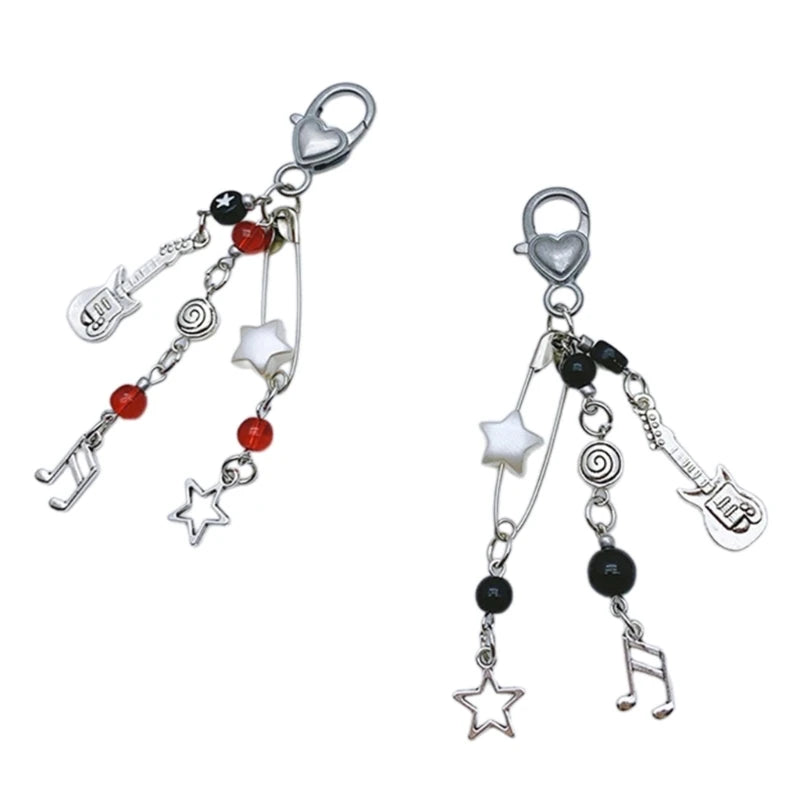 Rock Guitar Beaded Mobile Chain Key Holder Bead Phone Charm Bead Keychain Acrylic Alloy Material for Phone Keys