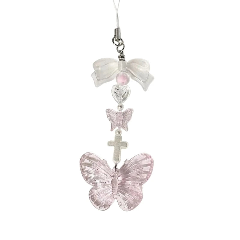 Fashion Bowknot Heart Bead Keychain Pendant Sweet Ornament Phone Straps Keyring Backpack Decoration Charm Jewelry