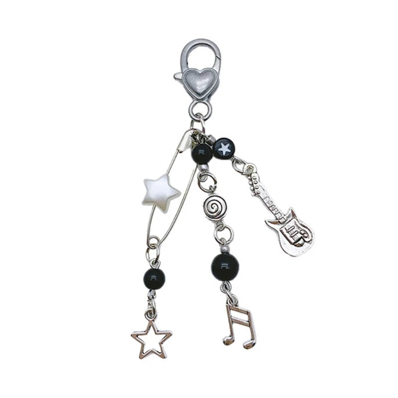 Rock Guitar Beaded Mobile Chain Key Holder Bead Phone Charm Bead Keychain Acrylic Alloy Material for Phone Keys