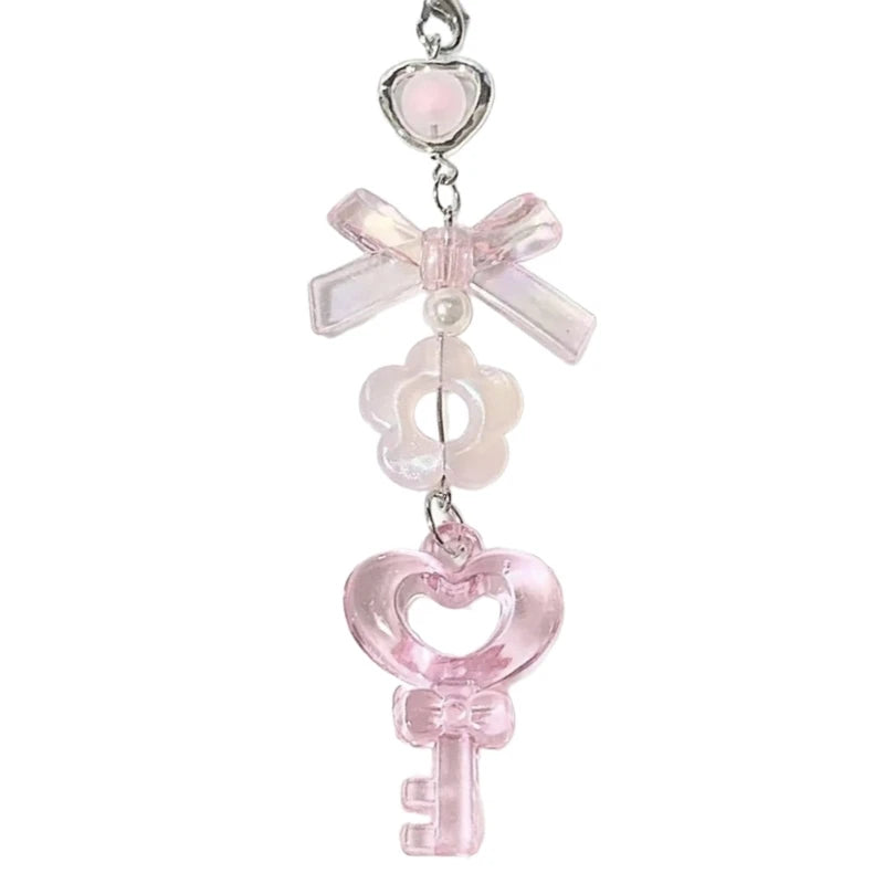 Fashion Bowknot Heart Bead Keychain Pendant Sweet Ornament Phone Straps Keyring Backpack Decoration Charm Jewelry