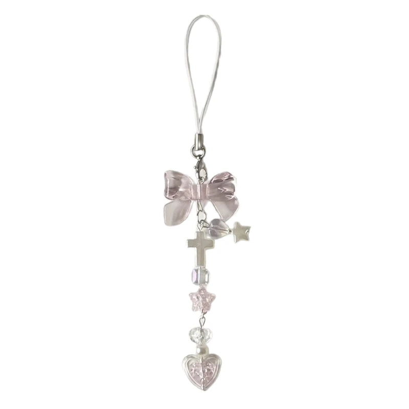 Fashion Bowknot Heart Bead Keychain Pendant Sweet Ornament Phone Straps Keyring Backpack Decoration Charm Jewelry