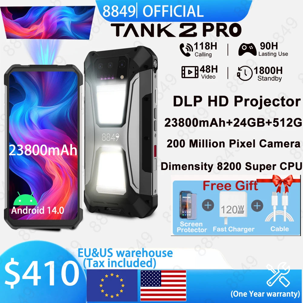 8849 Tank 2 PRO Projector Rugged Smartphone Android 2.4K 24GB 512GB 100MP Camera 23800mAh 120W Dual Sim OTG Phone