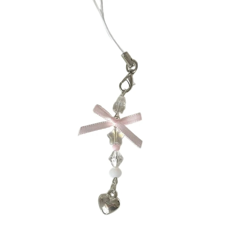Fashion Bowknot Heart Bead Keychain Pendant Sweet Ornament Phone Straps Keyring Backpack Decoration Charm Jewelry