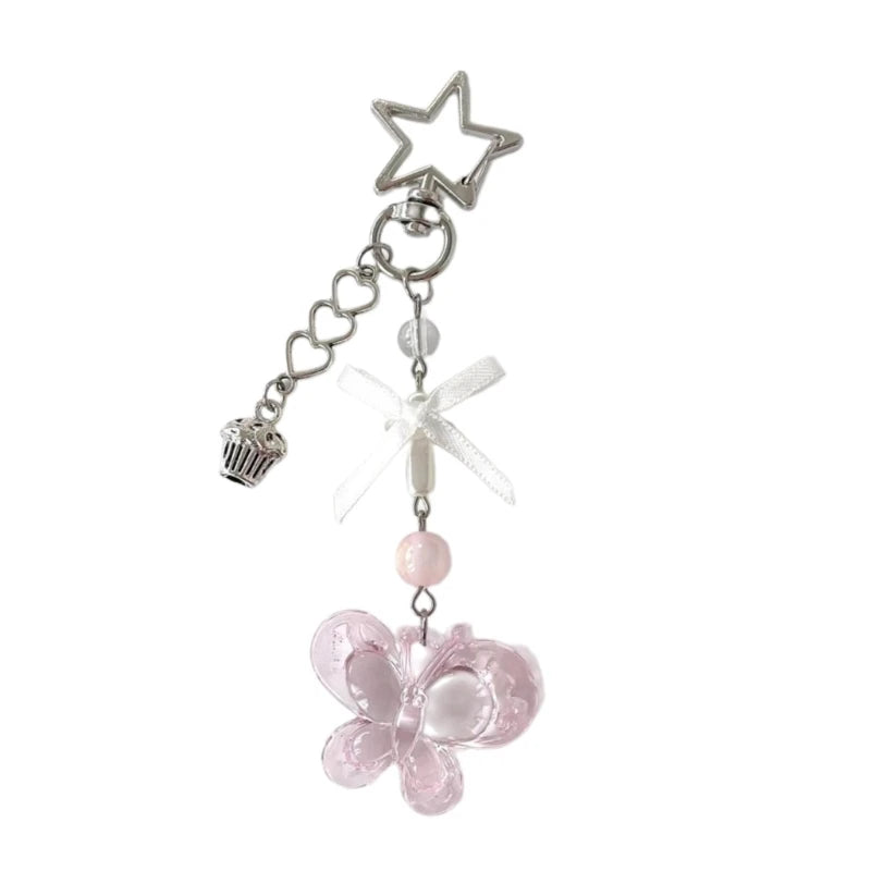 Fashion Bowknot Heart Bead Keychain Pendant Sweet Ornament Phone Straps Keyring Backpack Decoration Charm Jewelry