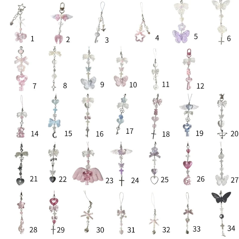 Fashion Bowknot Heart Bead Keychain Pendant Sweet Ornament Phone Straps Keyring Backpack Decoration Charm Jewelry