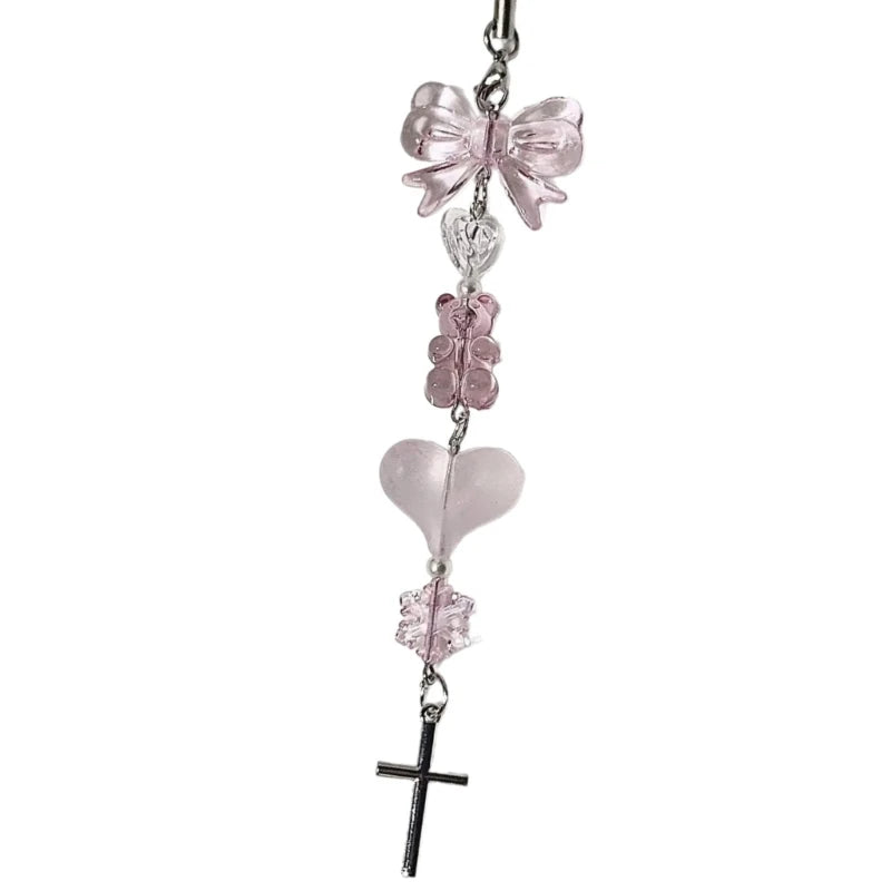 Fashion Bowknot Heart Bead Keychain Pendant Sweet Ornament Phone Straps Keyring Backpack Decoration Charm Jewelry