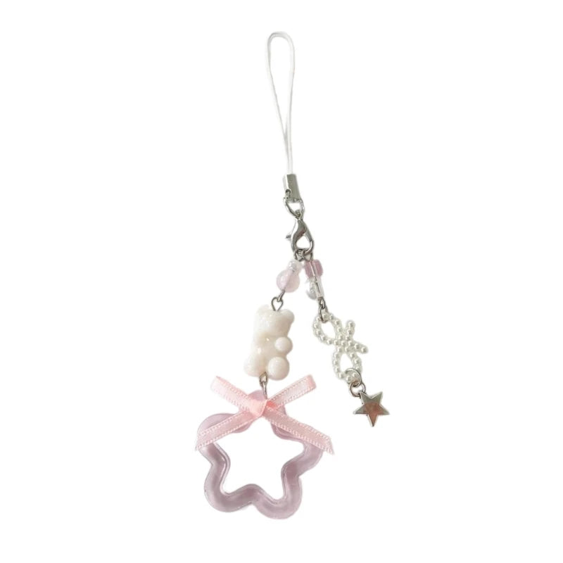 Fashion Bowknot Heart Bead Keychain Pendant Sweet Ornament Phone Straps Keyring Backpack Decoration Charm Jewelry